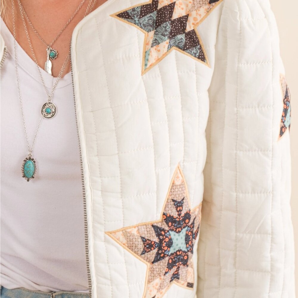 NWT patchwork Quilted Multi Star Embroidered Padded Zip Up Crop Western Jacket - Picture 7 of 7
